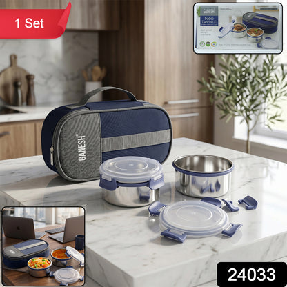 Wukusy Ganesh Neo Twin 400 lunch box set with insulated carry bag, featuring two stainless steel containers and colorful design