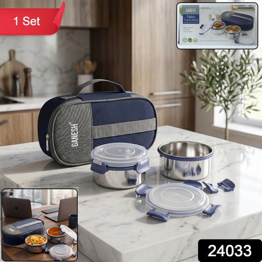 Wukusy Ganesh Neo Twin 400 lunch box set with insulated carry bag, featuring two stainless steel containers and colorful design