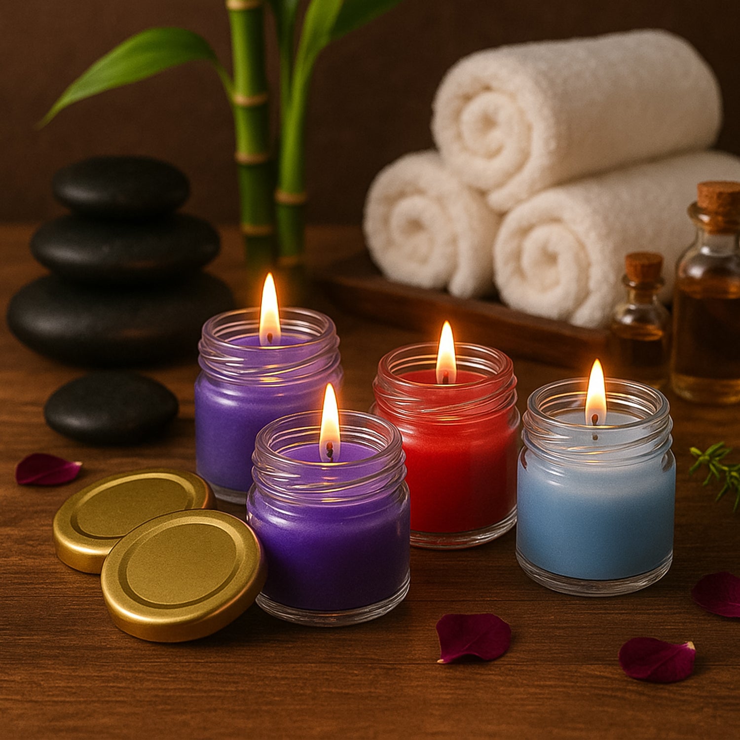 Set of four Wukusy wax candles in glass jars with gold lids, featuring white wax and elegant packaging.
