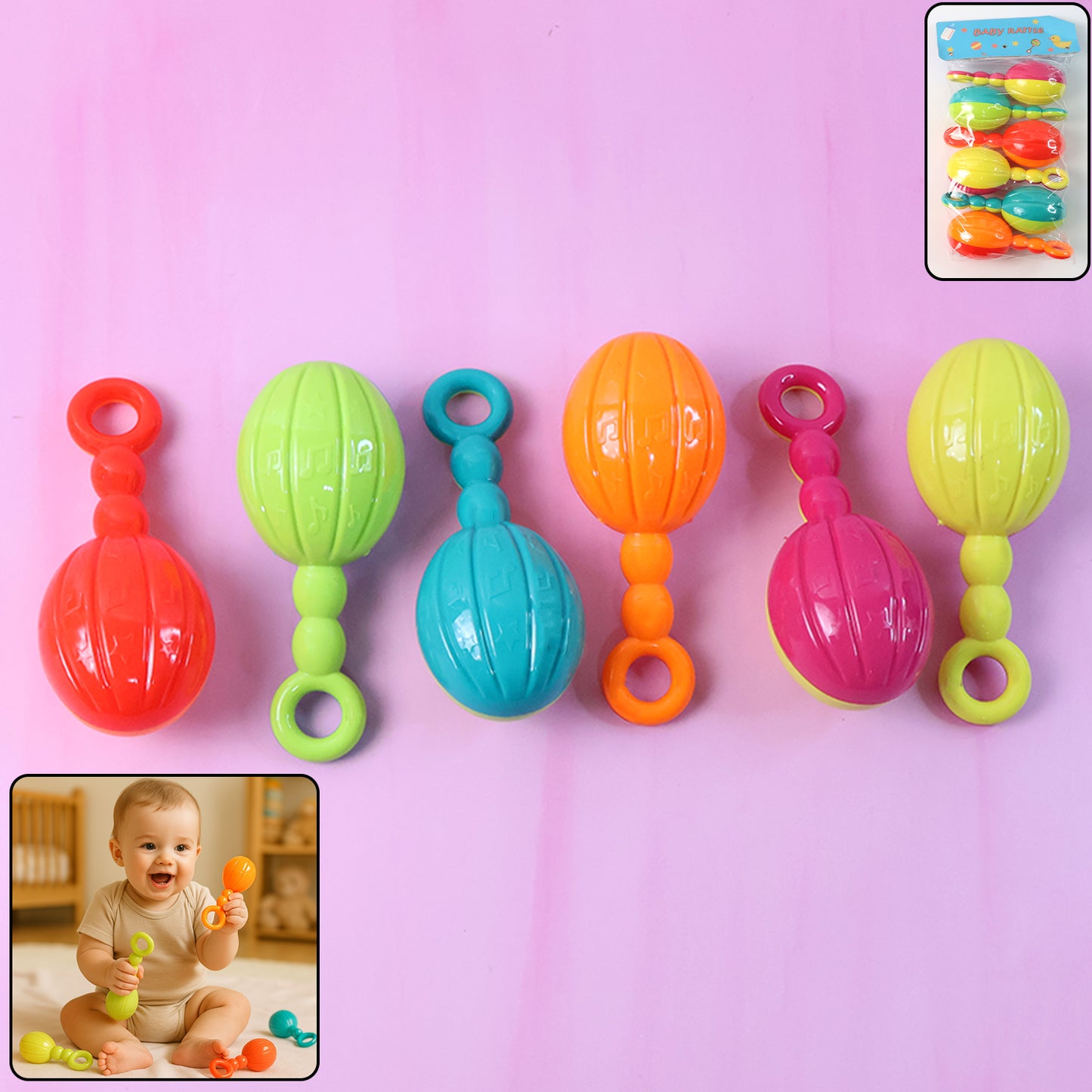 Set of six Wukusy baby hand rattle toys with colorful, textured designs for early sensory development.