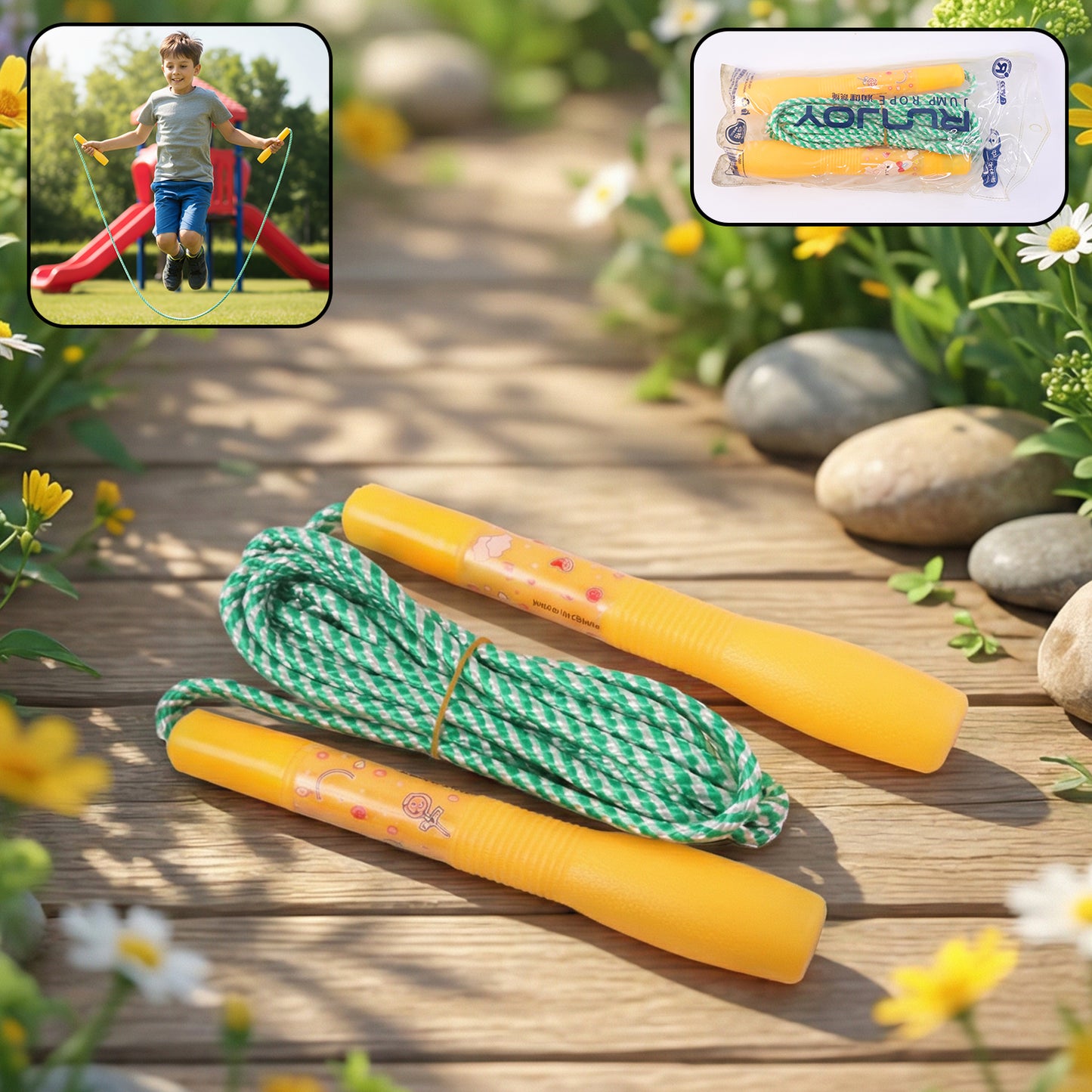 Kids jumping rope with Wukusy skipping rope set, showing children playing outdoors with colorful jump ropes for boys and girls.