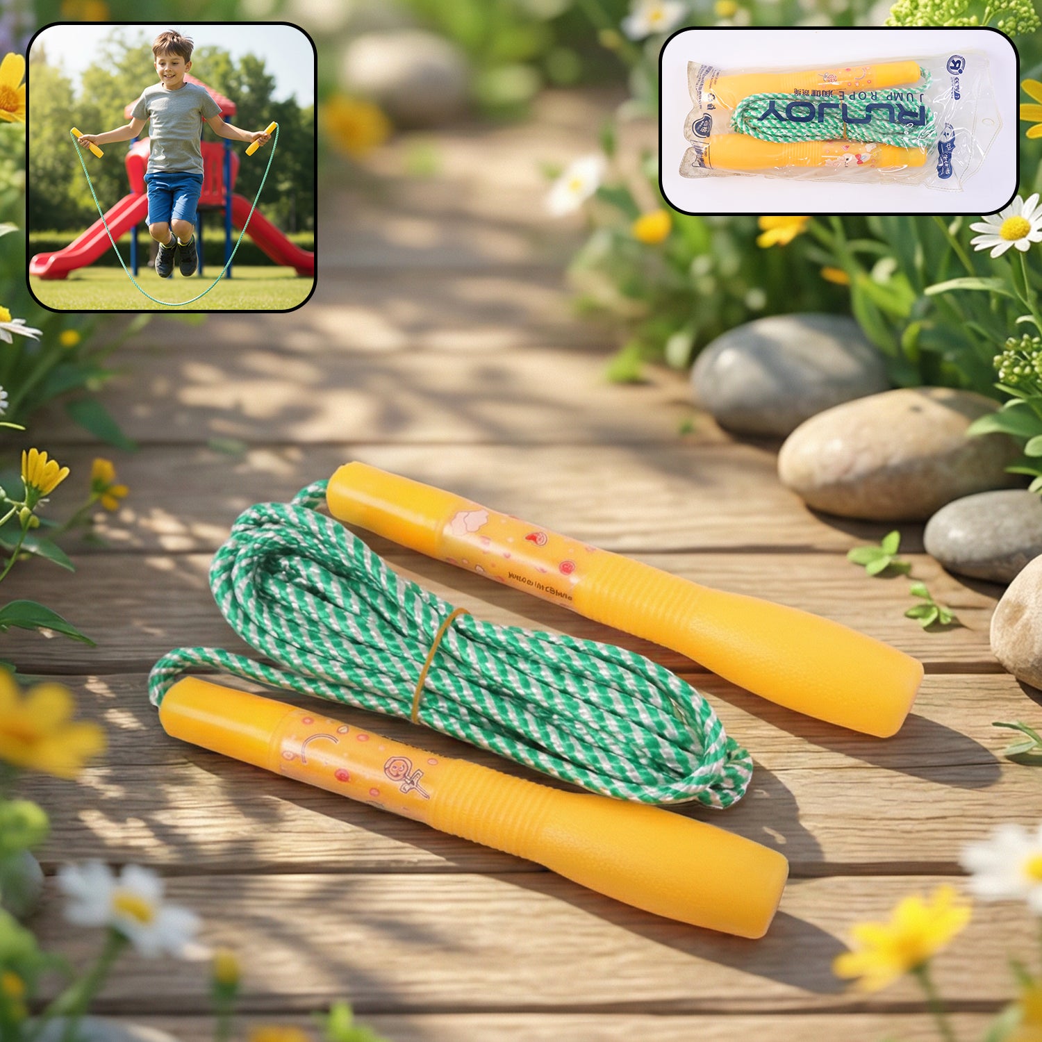 Kids jumping rope with Wukusy skipping rope set, showing children playing outdoors with colorful jump ropes for boys and girls.