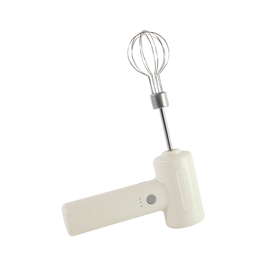 Wukusy cordless electric whisk and egg beater with ergonomic handle, stainless steel beaters, in a kitchen setting.
