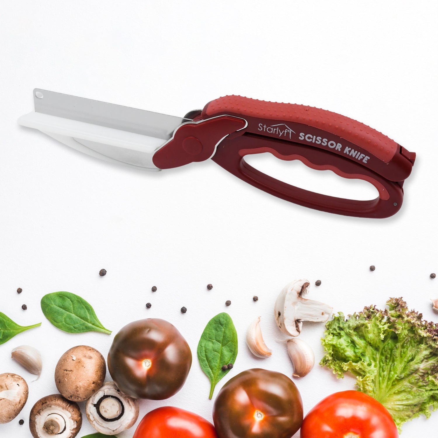 Wukusy 2-in-1 kitchen knife scissors with spring lock, chopping board, and card packaging, ideal for versatile kitchen tasks
