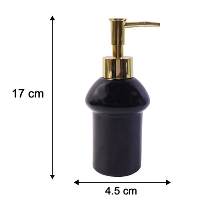 Black glass liquid soap dispenser with gold pump by Wukusy, refillable, elegant bathroom accessory with sleek design.