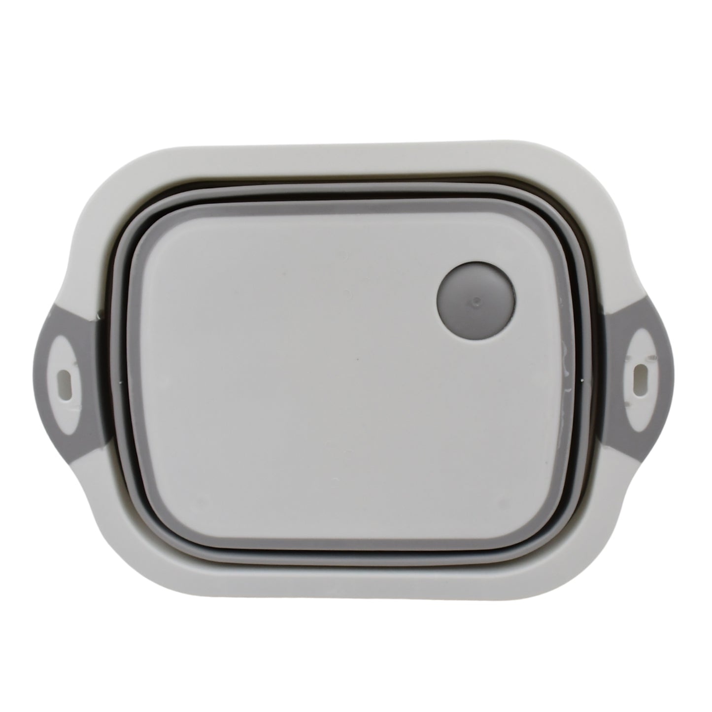 Wukusy collapsible cutting board with integrated dish tub basket on a kitchen countertop, portable and space-saving for food prep.