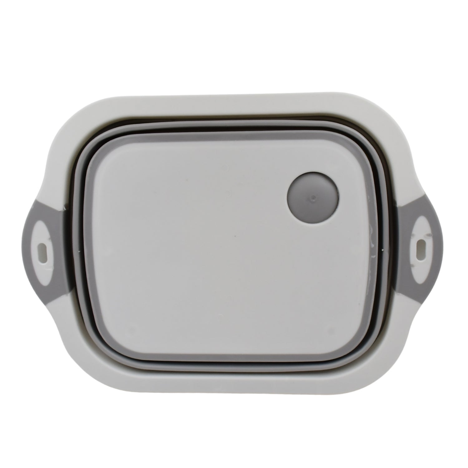 Wukusy collapsible cutting board with integrated dish tub basket on a kitchen countertop, portable and space-saving for food prep.