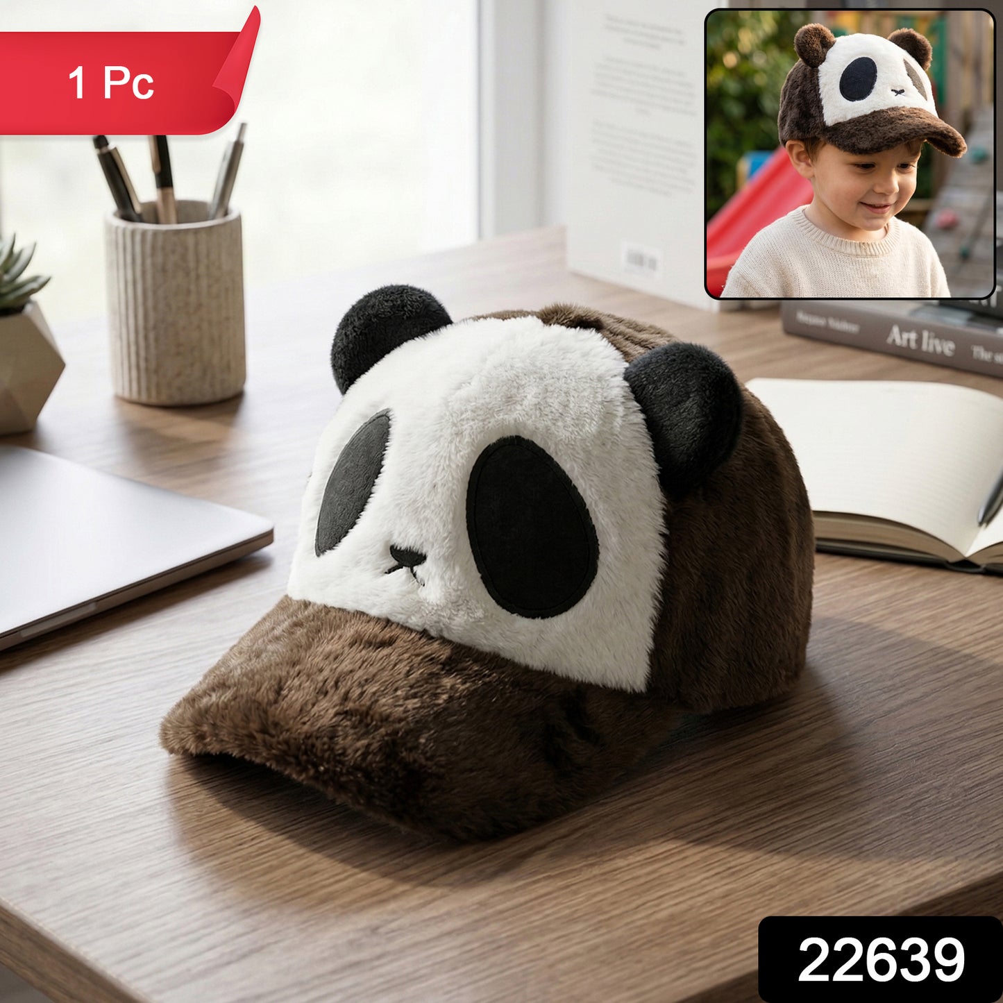 Wukusy cute panda design plush winter cap with panda face and ears, soft and warm for cold weather.