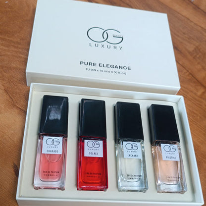 Wukusy Og Beauty Luxury Pure Elegance Eau De Parfum 4-piece set with 15ml bottles, featuring elegant perfume bottles.