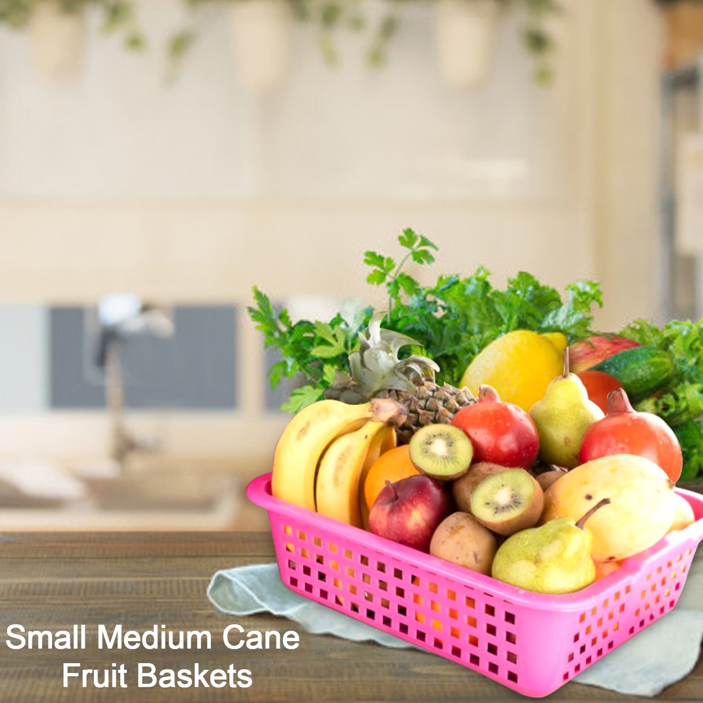 Wukusy plastic medium-sized cane fruit basket for kitchen storage, with a woven design and open top for fresh fruit display.