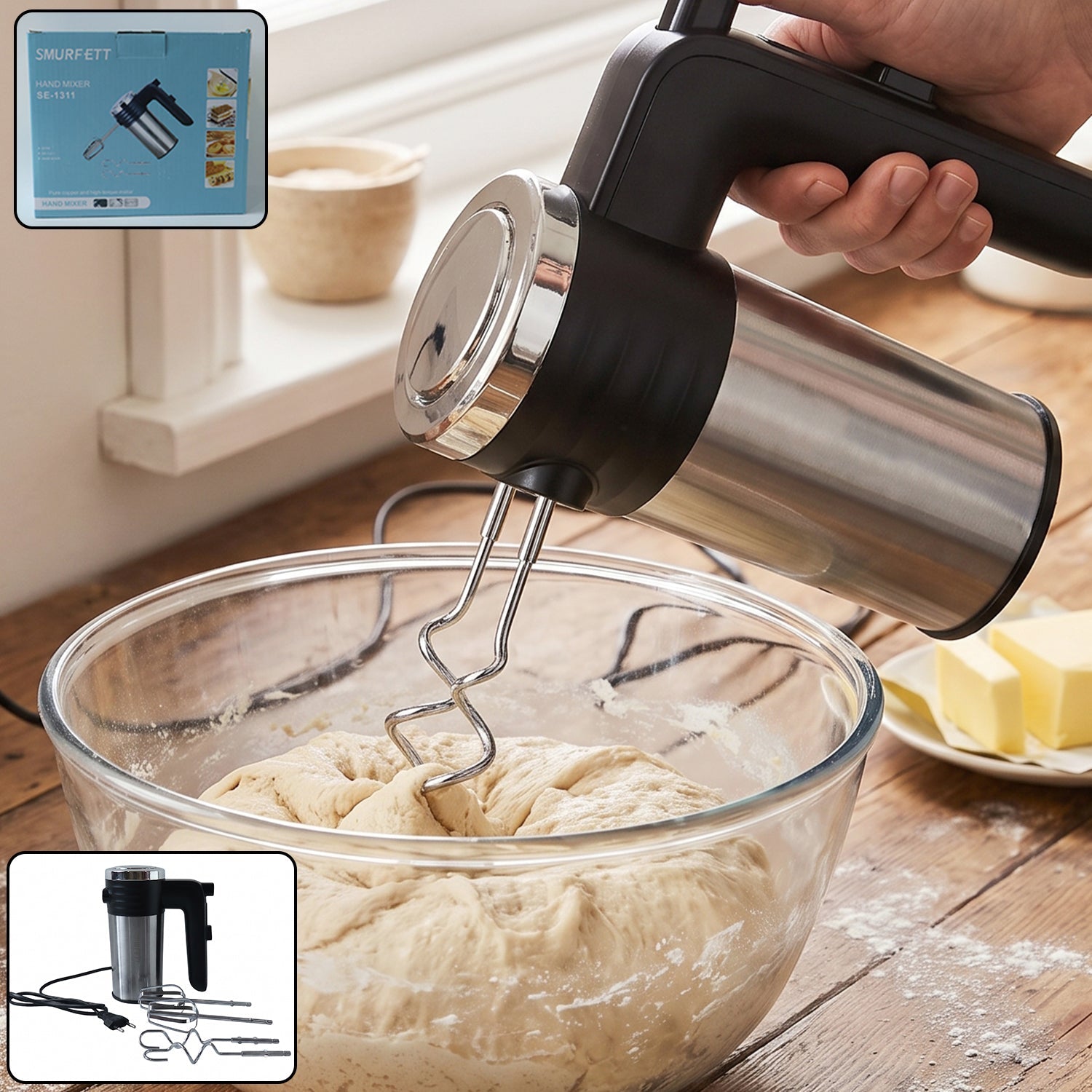 Wukusy 500W electric hand mixer with beaters and dough hooks, ideal for cake baking and mixing ingredients.