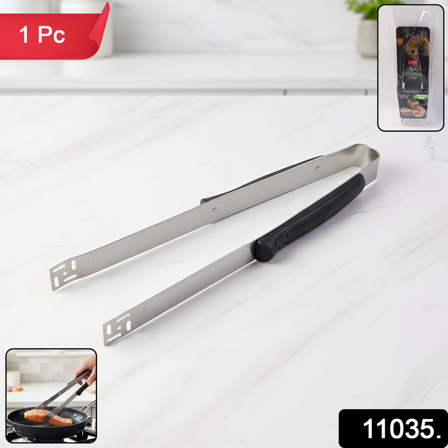 Premium stainless steel chimta from Wukusy, showing the sturdy handle and curved gripping arms for safe, efficient use.