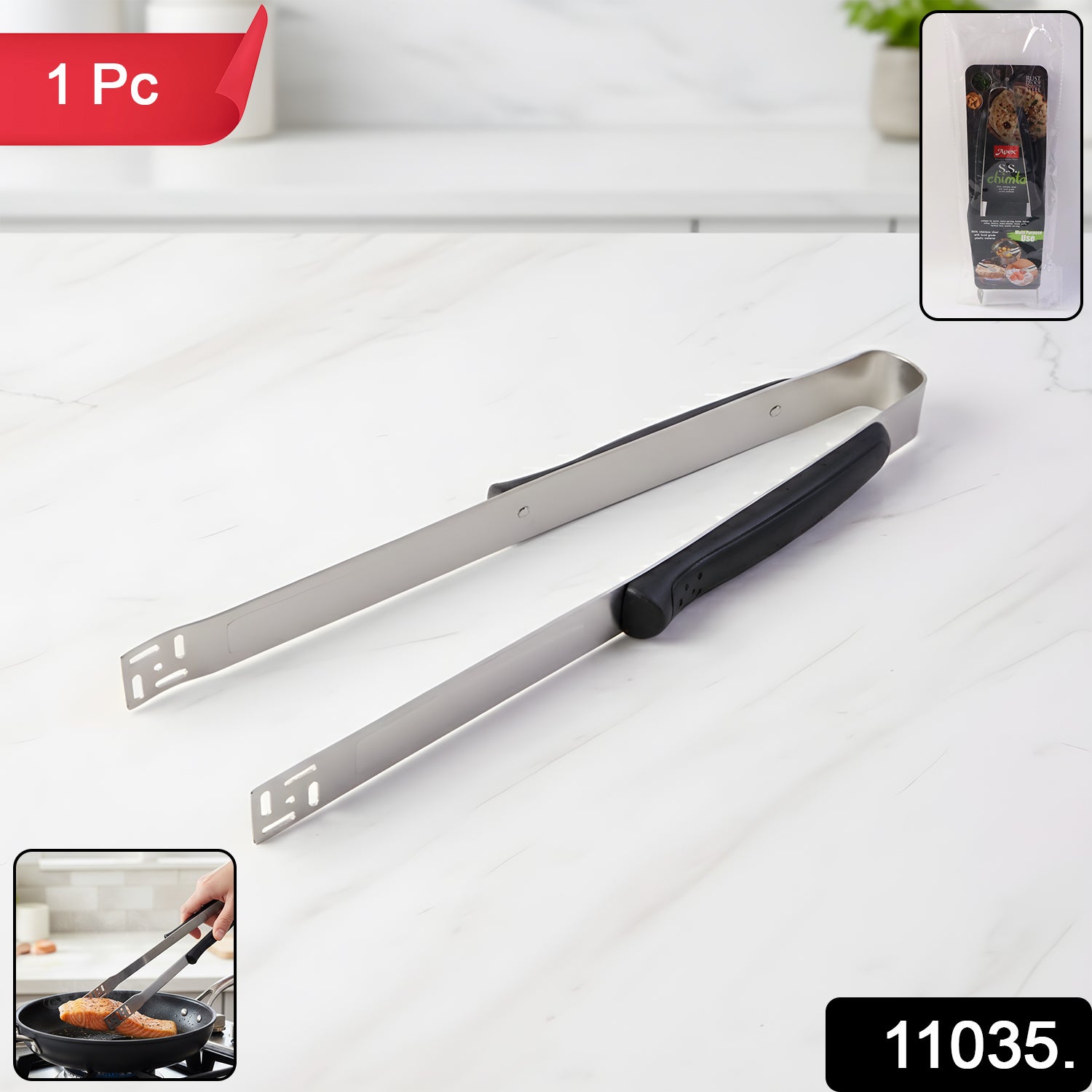 Premium stainless steel chimta from Wukusy, showing the sturdy handle and curved gripping arms for safe, efficient use.
