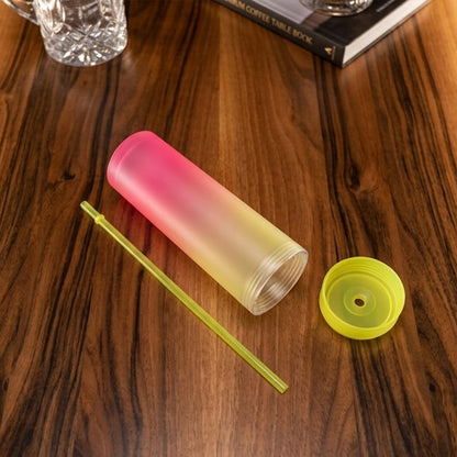 Wukusy gradient plastic drinking tumbler cup with lid and straw, 400ml capacity, featuring a colorful design and secure lid.