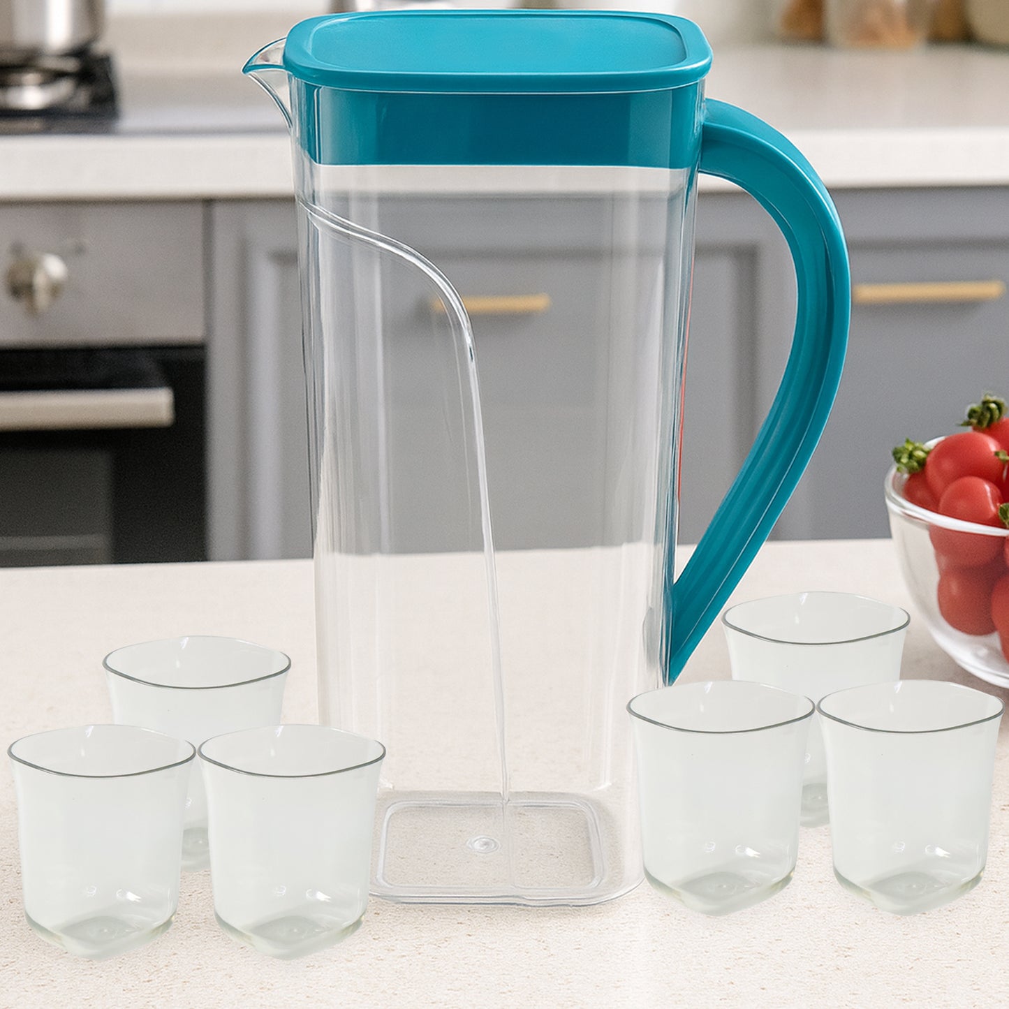 Wukusy Supermom Marina ceramic jug with a set of six matching glass cups, ideal for home and kitchen use.