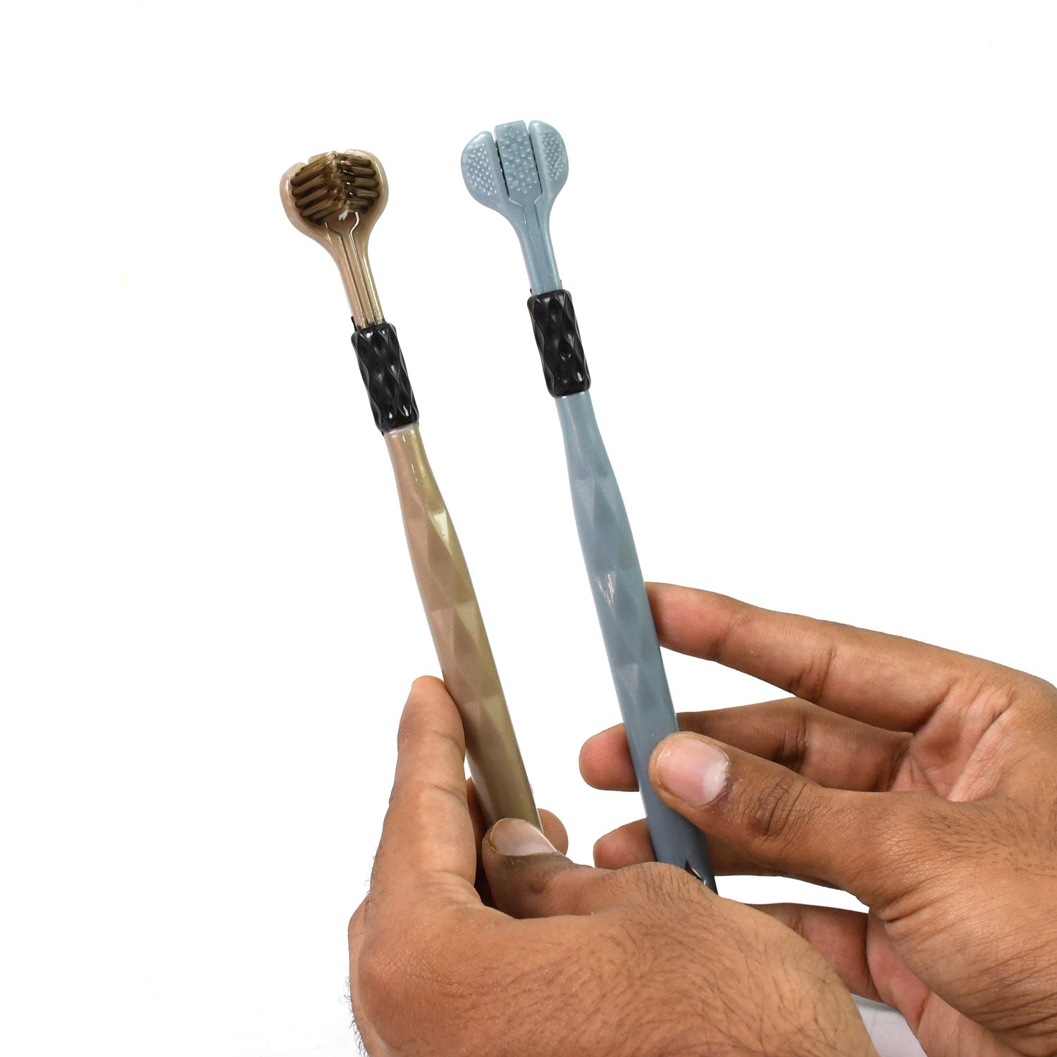 Wukusy 3-sided soft bristle toothbrush set with two toothbrushes showing ergonomic handles and multi-sided cleaning heads.