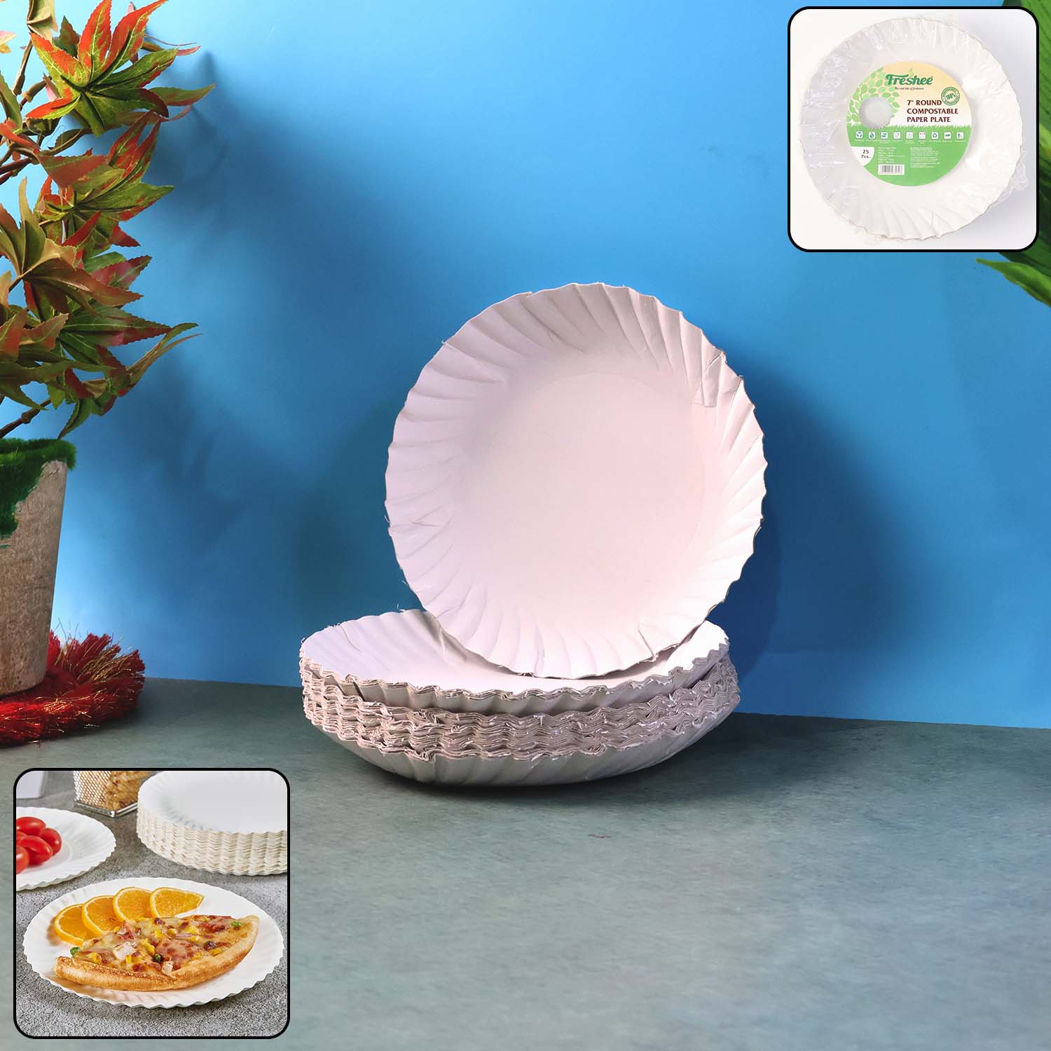 Wukusy Freshee 7-inch round compostable paper plates, 25-pack, eco-friendly disposable tableware for home and kitchen use.