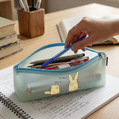 Cute cartoon transparent pencil pouch by Wukusy showing a colorful, see-through design with cartoon character illustrations.