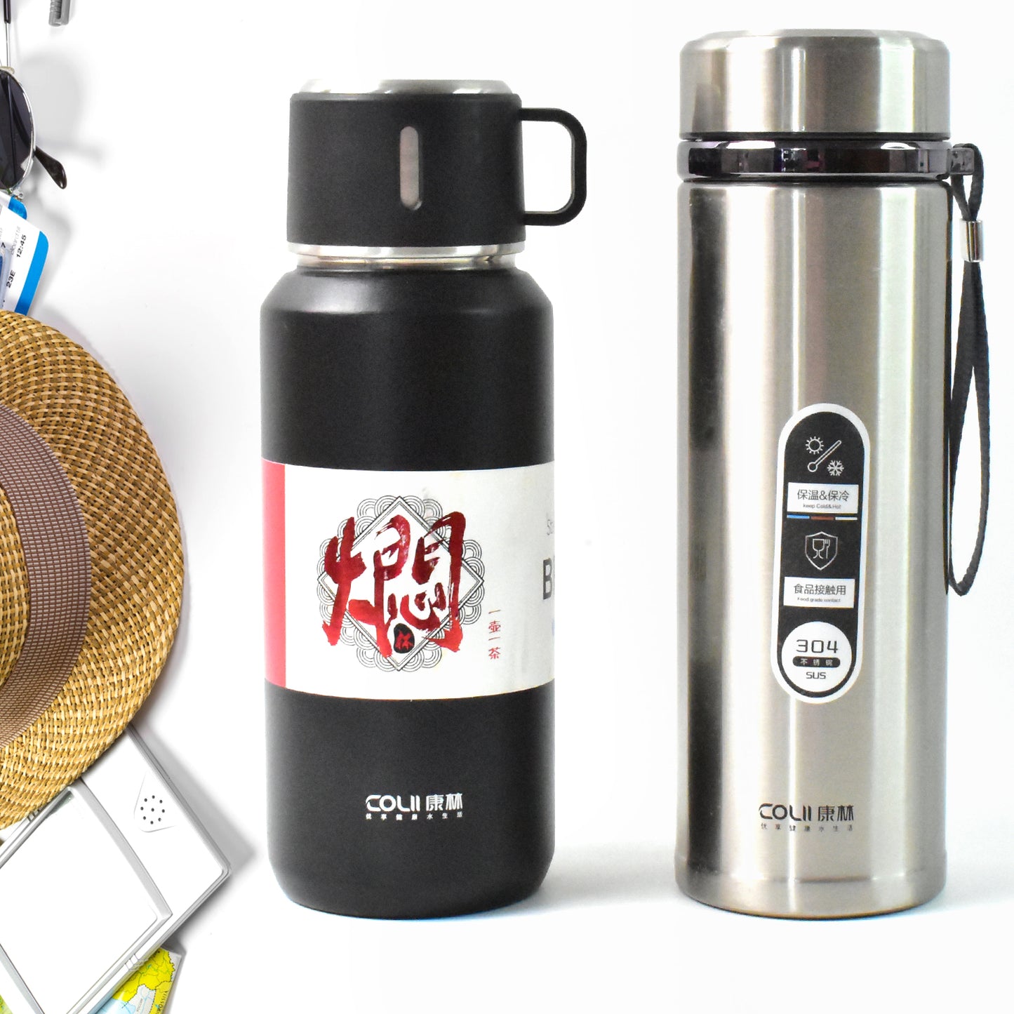 Wukusy 900ml stainless steel vacuum insulated water bottle with wide mouth, leak-proof lid, hanging strap, for hot and cold drinks
