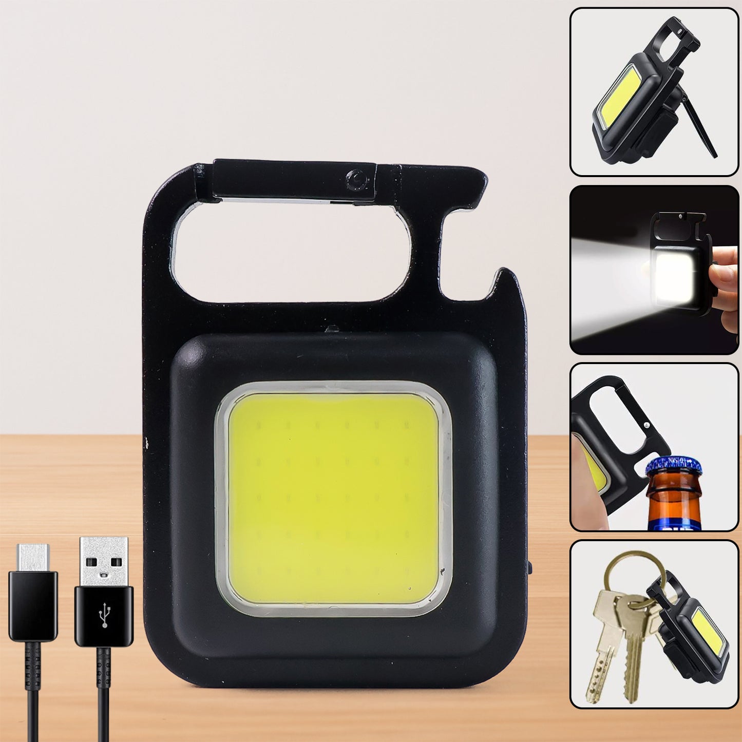 Wukusy 4035 rechargeable keychain mini flashlight with four modes, foldable bracket, magnet base, and bottle opener for camping and travel.