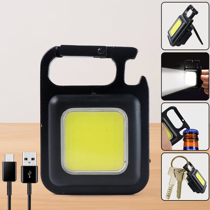 Wukusy 4035 rechargeable keychain mini flashlight with four modes, foldable bracket, magnet base, and bottle opener for camping and travel.