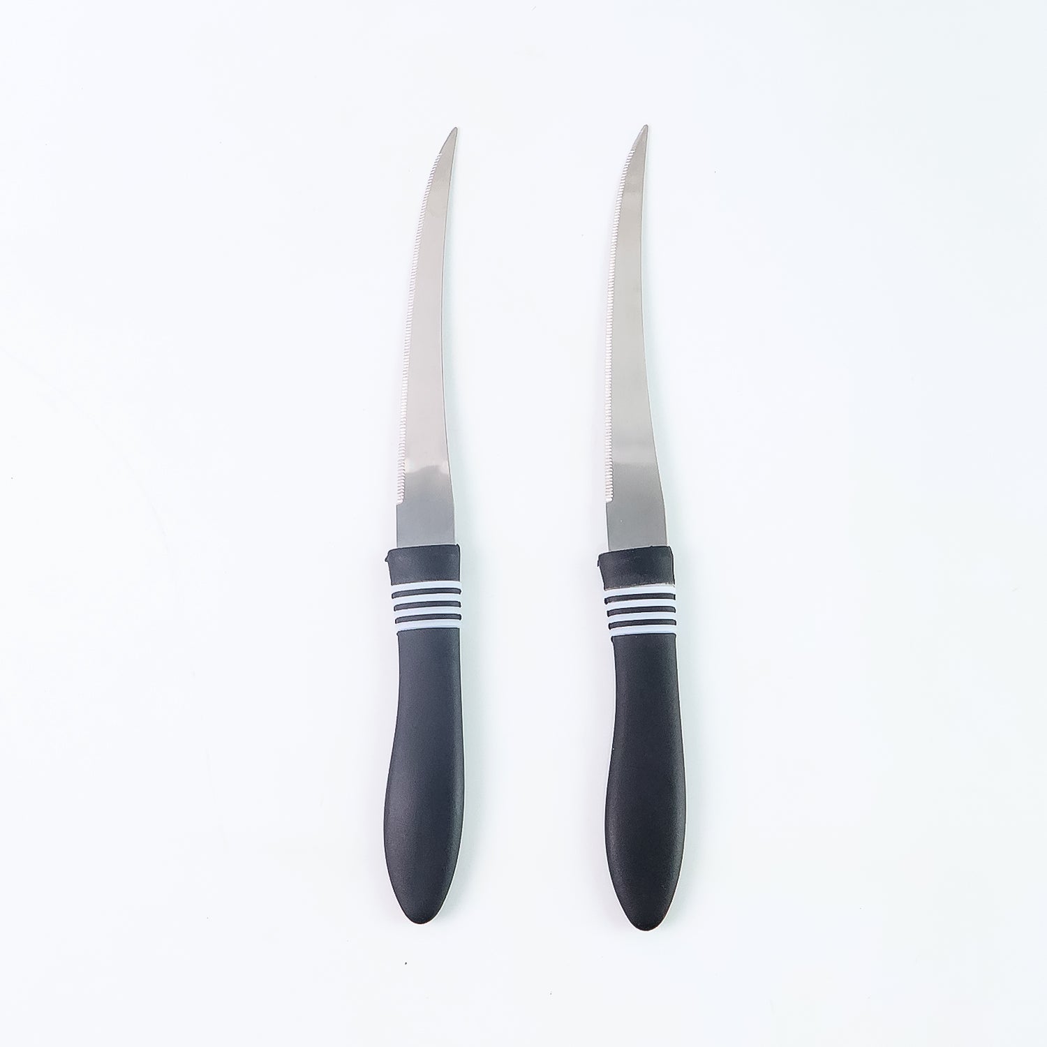 Wukusy premium curved serrated stainless steel kitchen knife set with two colorful knives on a wooden surface