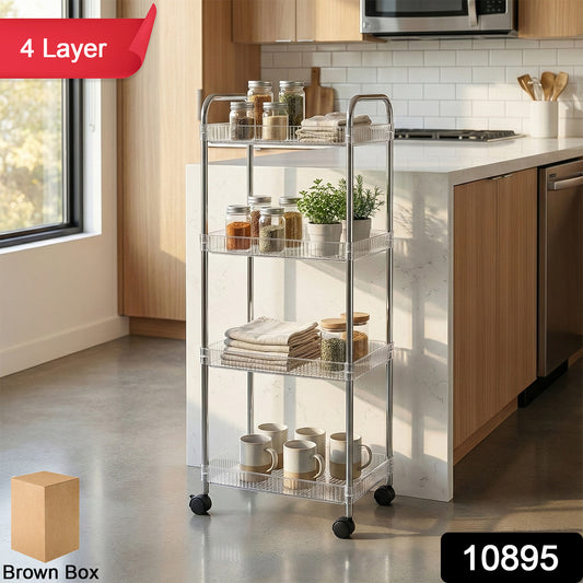 Four-layer Wukusy multipurpose storage trolley with wheels, featuring sturdy shelves and easy mobility for organization.