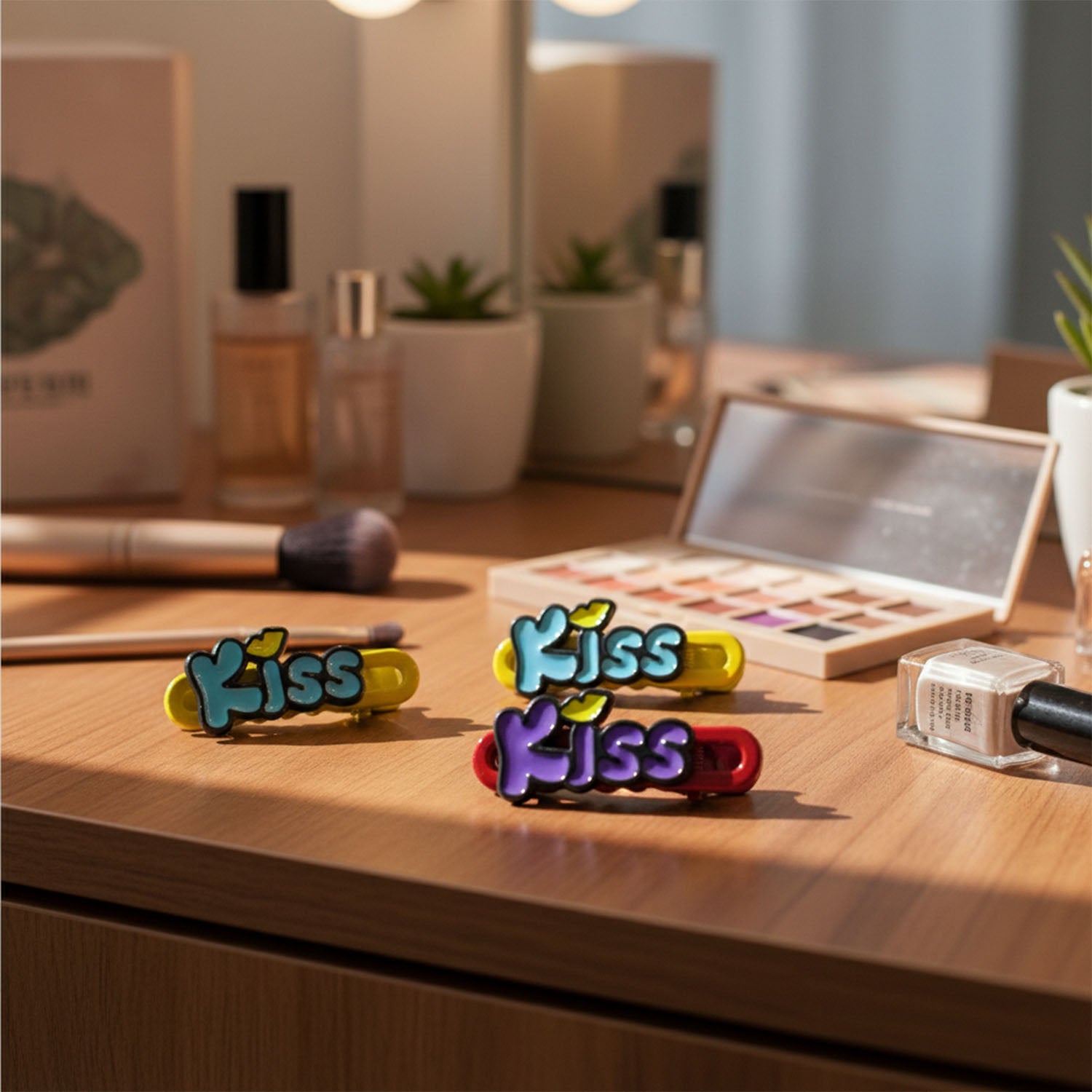 Wukusy decorative kiss text hair clip set with four stylish hair accessories featuring kiss letter designs on a white background