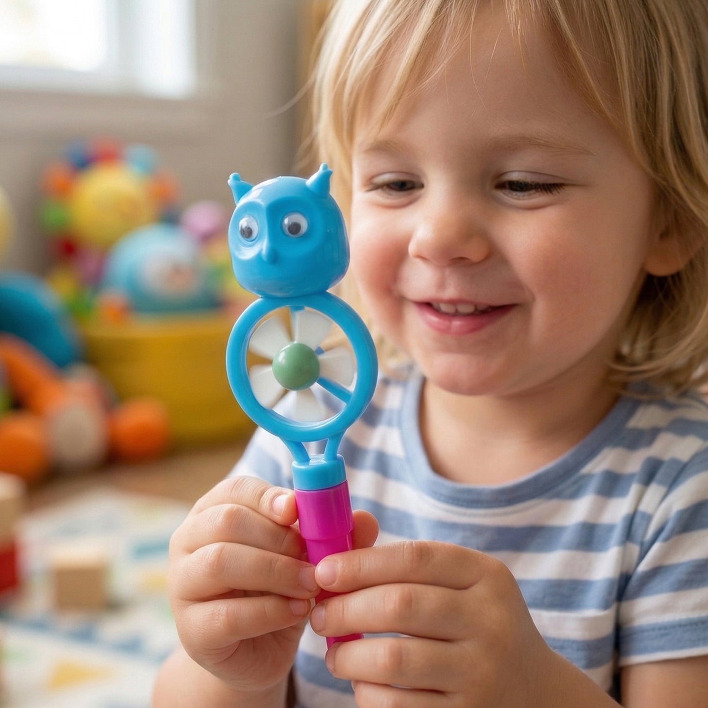 Kids Wukusy toothbrush set with cartoon whistle fan, featuring colorful handles and playful designs for children.