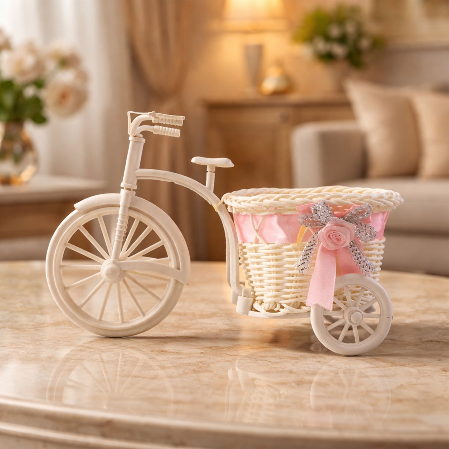 Decorative bicycle flower pot with basket by Wukusy, featuring a charming design for indoor or outdoor garden decor.