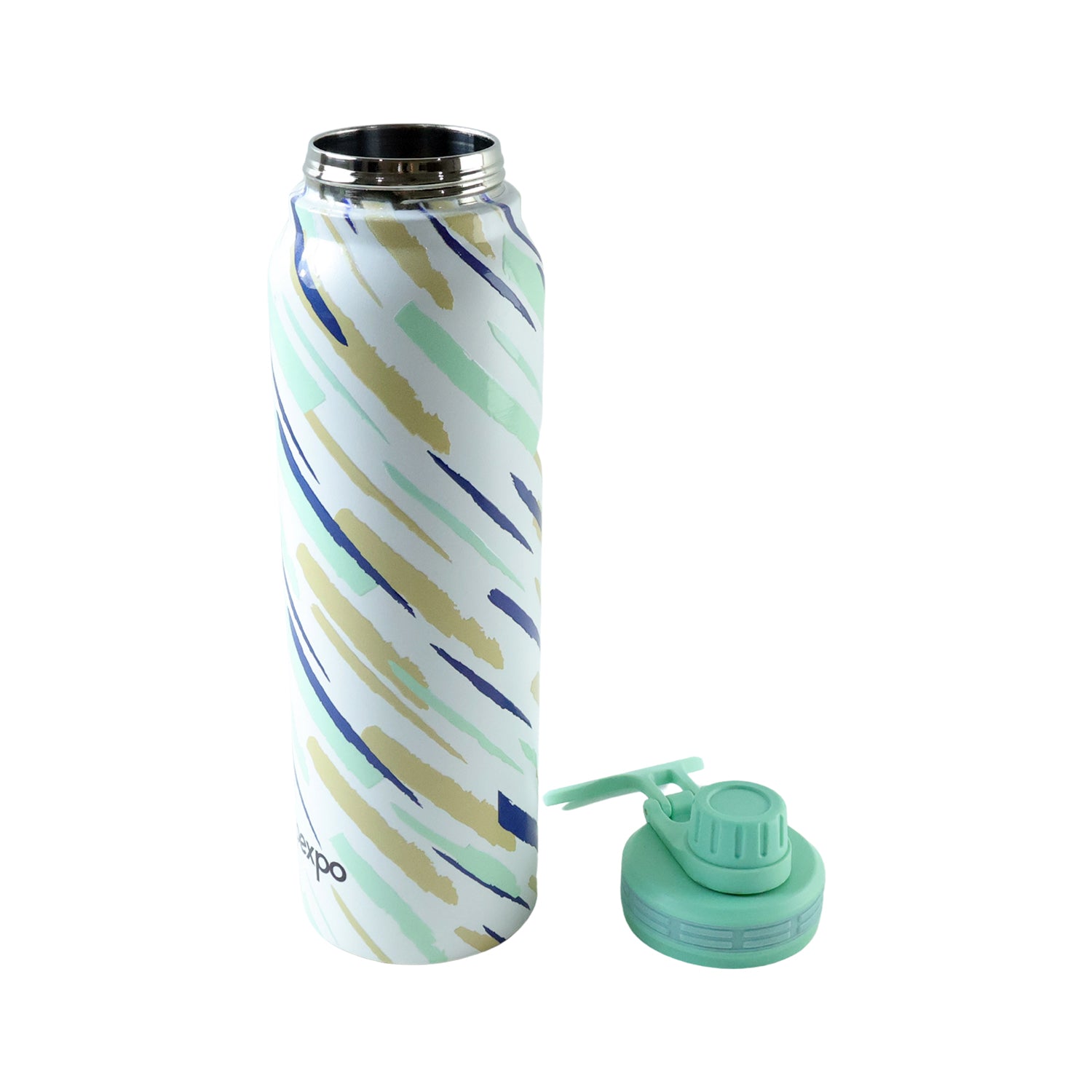 Wukusy Pexpo Austin Art stainless steel water bottle, 1000ml capacity, with a colorful artistic design on a sleek silver bottle.