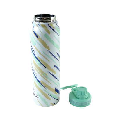 Wukusy Pexpo Austin Art stainless steel water bottle, 1000ml capacity, with a colorful artistic design on a sleek silver bottle.