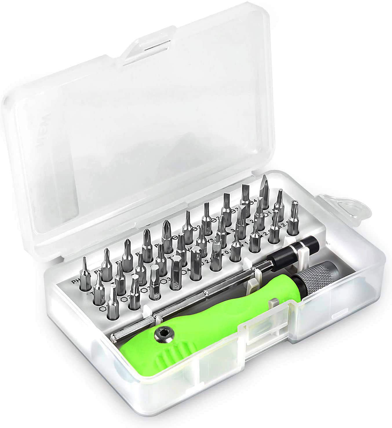 Wukusy 32-in-1 mini screwdriver bits set with magnetic flexible extension rod for power and hand tool use.
