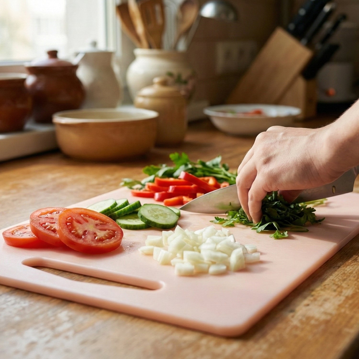 Wukusy plastic chopping board with handle, 30x20 cm, showing a sturdy surface perfect for food prep and easy handling.