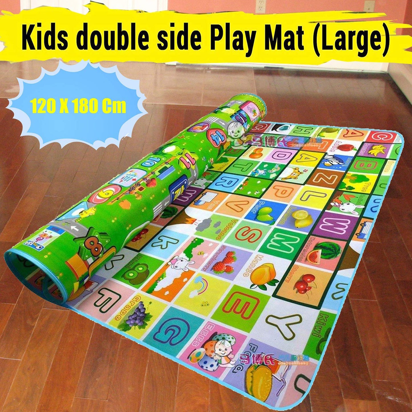 Wukusy waterproof double-sided baby play floor mat in size 120x180cm, ideal for kids' play area with carrying bag