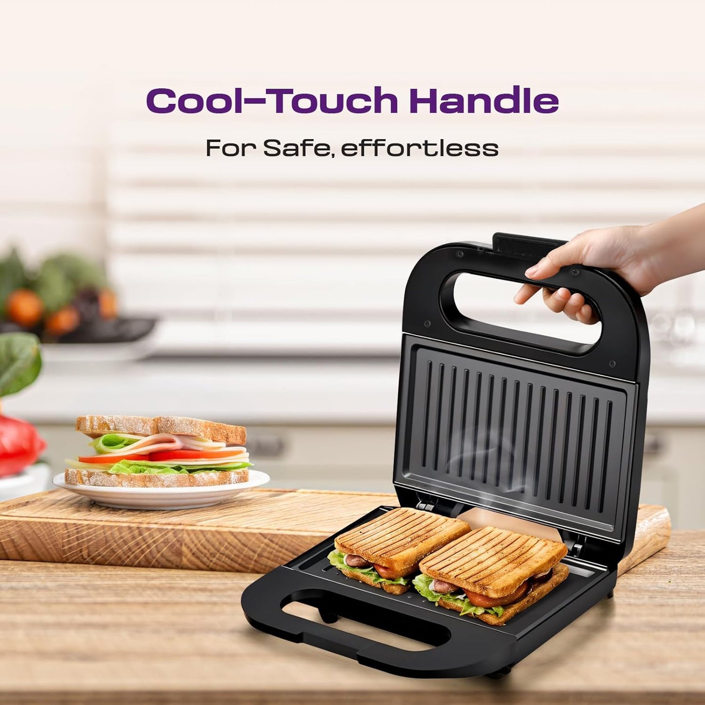 Wukusy Orbit Sandwich Toaster Maker 800W for home use, shown with toasted sandwiches in a kitchen setting.