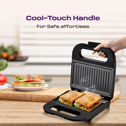 Wukusy Orbit Sandwich Toaster Maker 800W for home use, shown with toasted sandwiches in a kitchen setting.