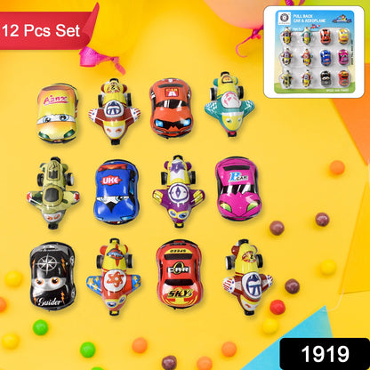 Set of 12 Wukusy mini pull back cars and aeroplanes made of PVC plastic, featuring colorful cartoon toy designs.
