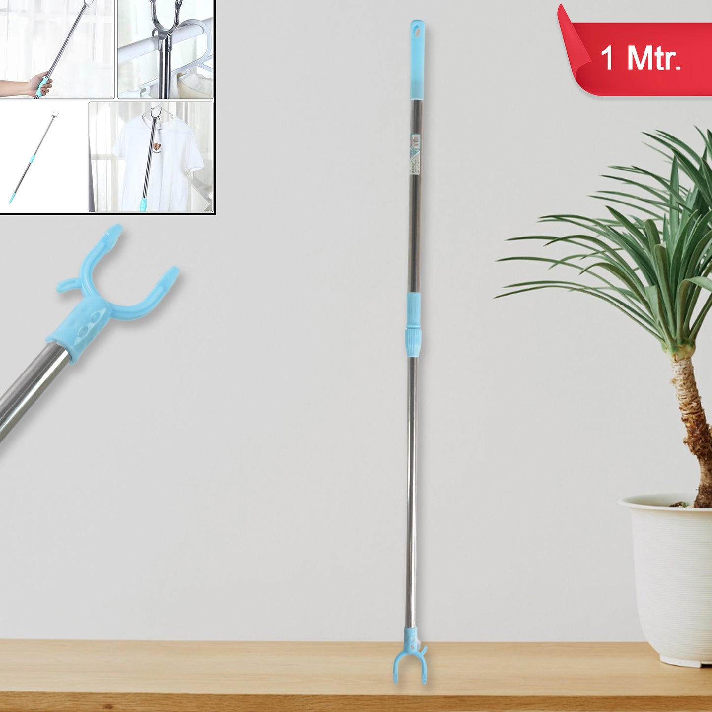 Wukusy stainless steel telescopic pole clothes hanger extended to 1 meter, with hooks for hanging clothes or accessories.