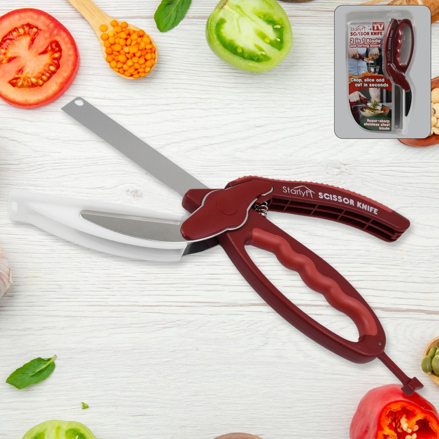 Wukusy 2-in-1 kitchen knife scissors with spring locking hinge, shown with chopping board in card packaging, versatile kitchen tool