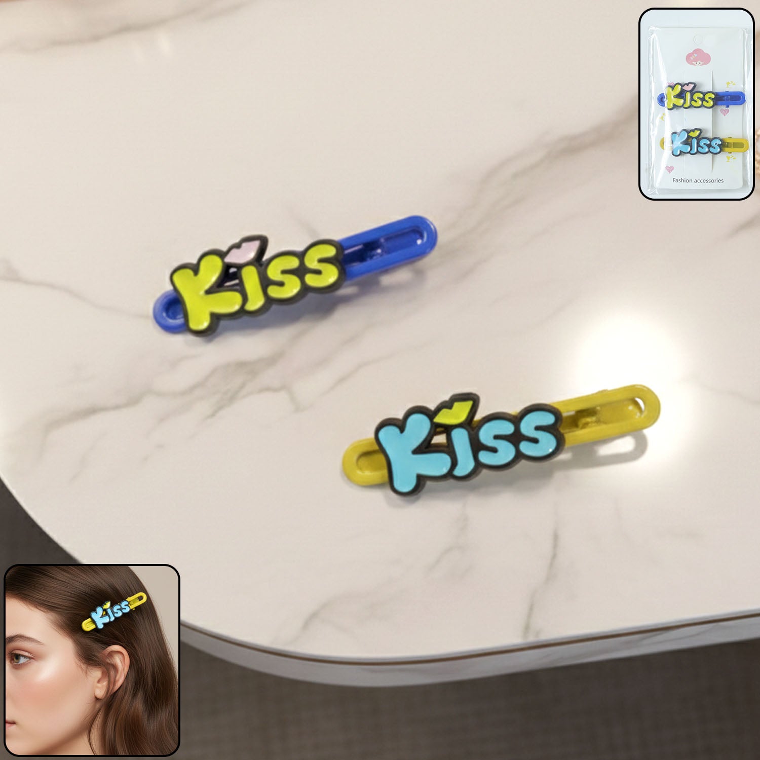 Pair of Wukusy Cute Kiss Text Hair Clips in a 2-piece set, featuring playful kiss designs on stylish hair accessories.
