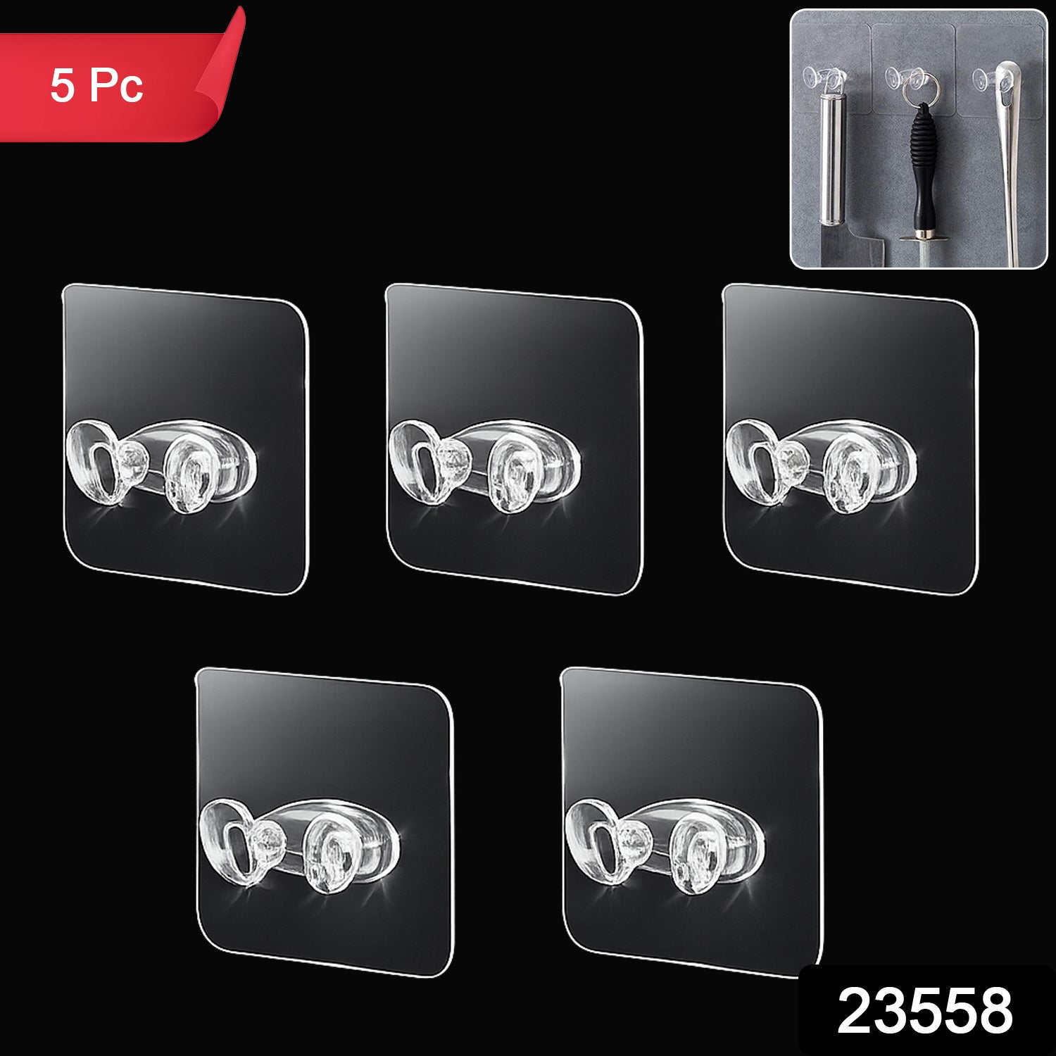 Set of five Wukusy adhesive plastic wall hooks with strong hold, self-stick hangers for organizing and hanging items.