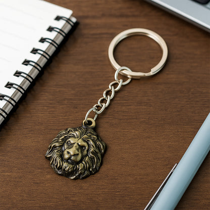 Wukusy premium lion head metal keychain featuring a detailed lion design on a silver-tone keyring.