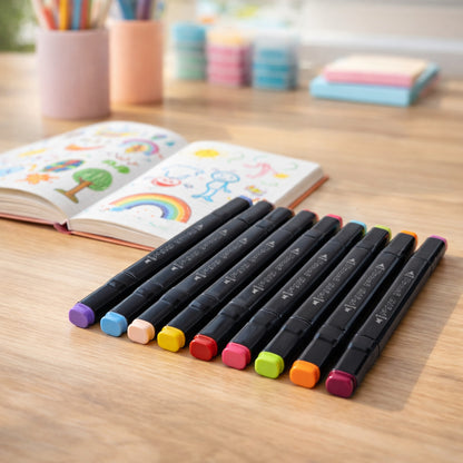 Wukusy 24-piece dual tip sketch marker pen set with colorful markers and storage pouch, displayed arranged on a flat surface.
