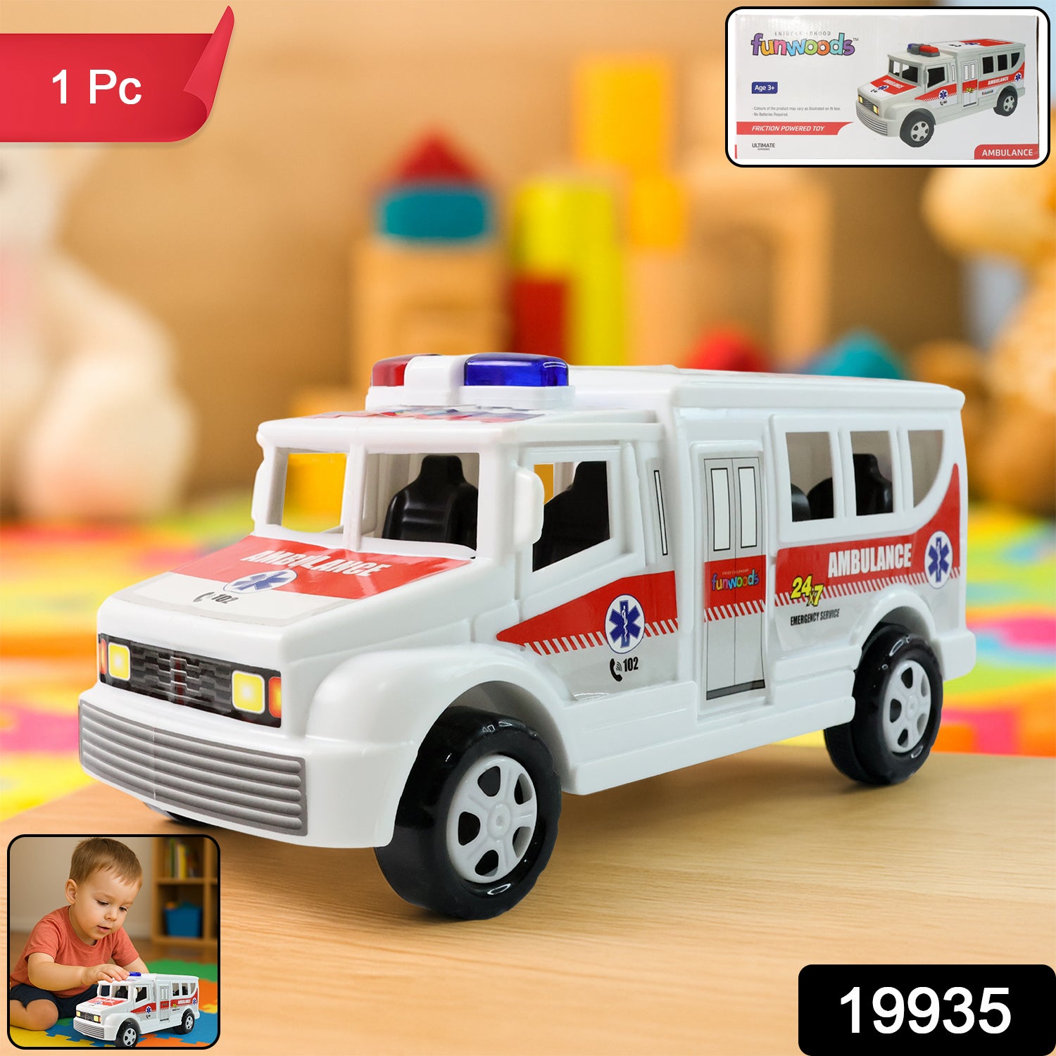 Wukusy Funwoods friction-powered ambulance toy for kids, featuring bright colors and detailed emergency vehicle design.