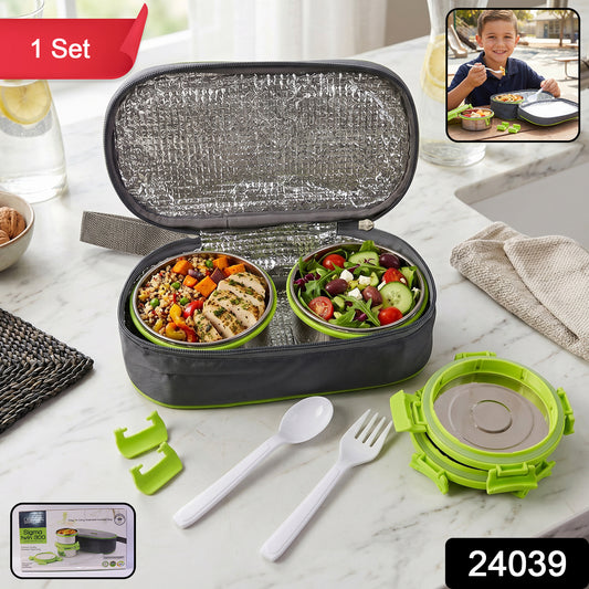 Wukusy Ganesh Sigma Twin 300 stainless steel lunch box set with two compartments and secure lids, ideal for packed meals.
