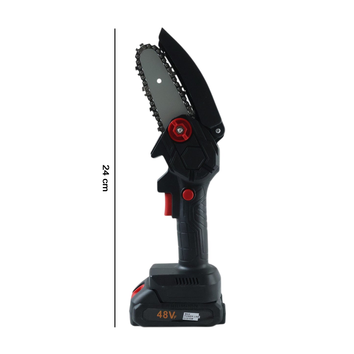 Wukusy mini electric cordless chainsaw with 24cm cutting length and 48V battery, shown in use with logs and wood.