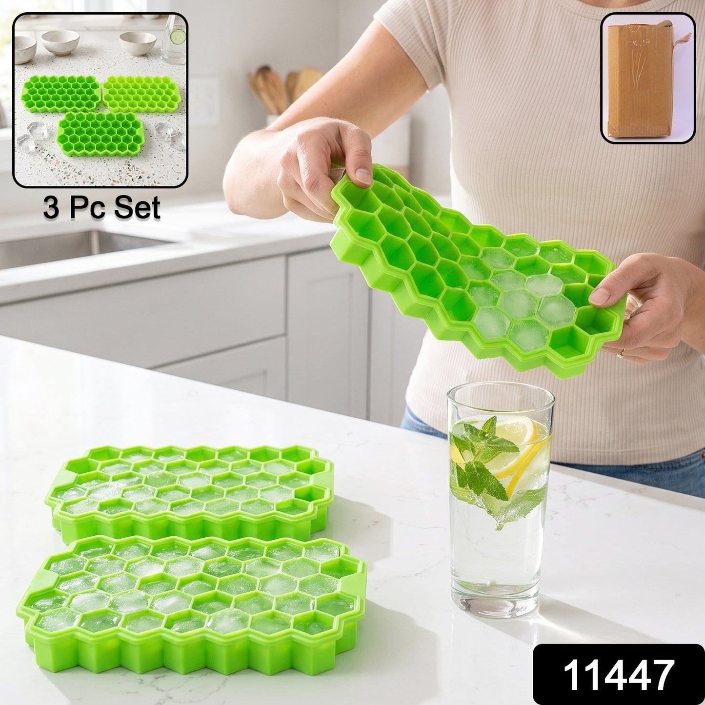 Wukusy silicone honeycomb ice cube tray with 37 cavities for freezing ice cubes or molded treats.
