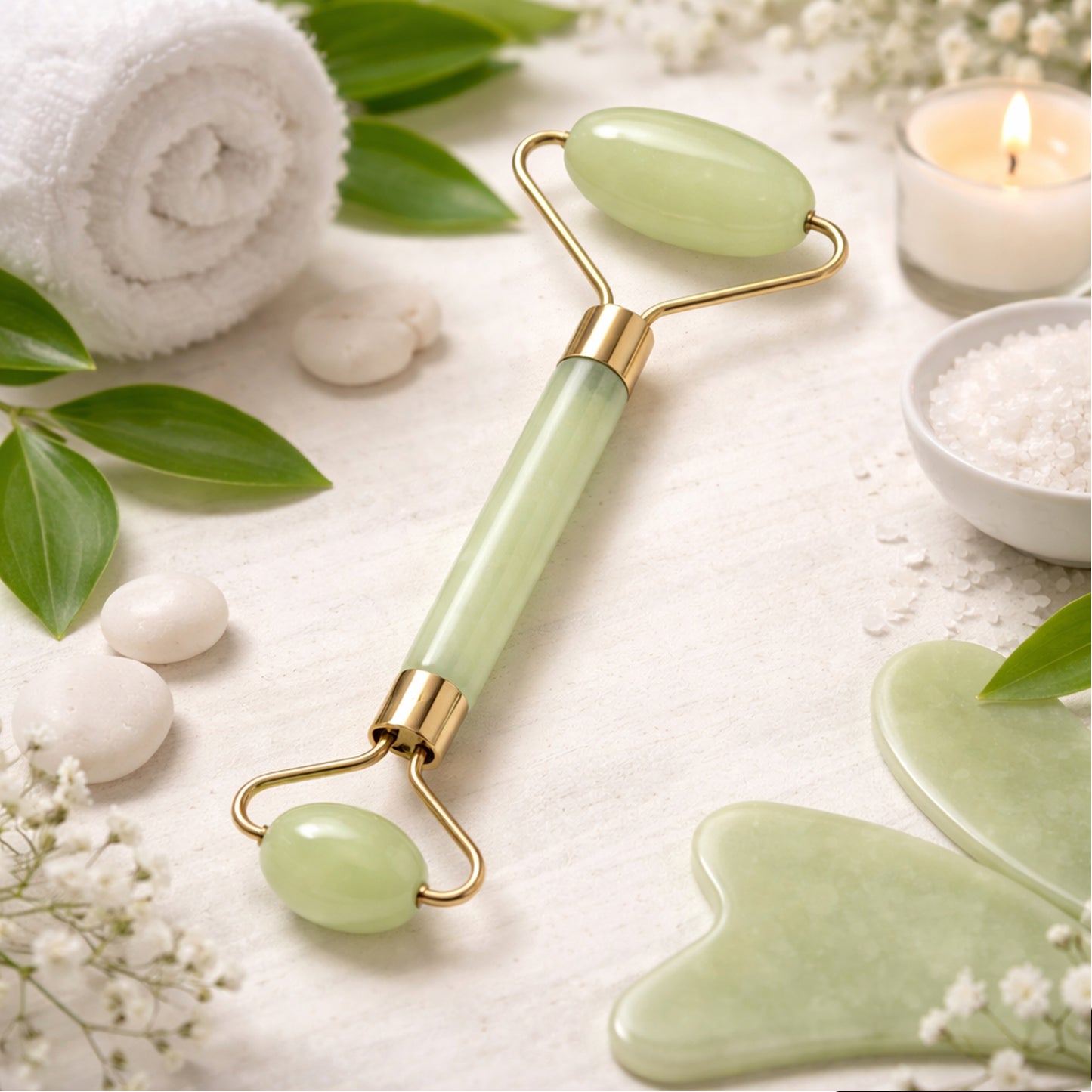 Wukusy premium dual head jade stone face roller and gua sha massage tool set on a white background.