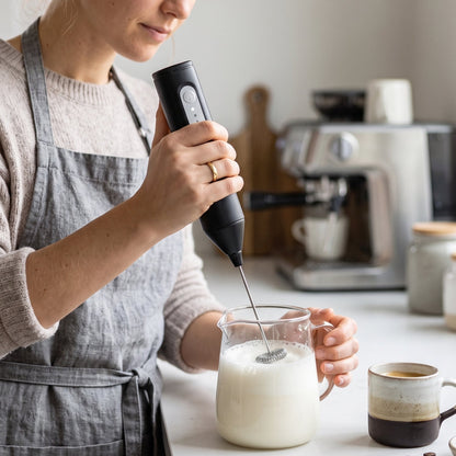 Wukusy handheld electric milk frother with battery operated whisk for making coffee foam and milk froth